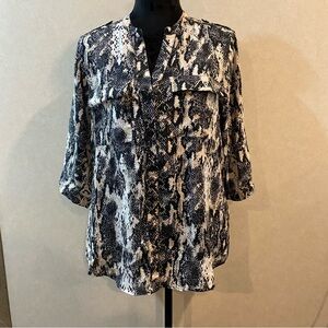 Calvin Klein Womens Button Down Shirt Black Tan White Snake Print 100% Linen Med